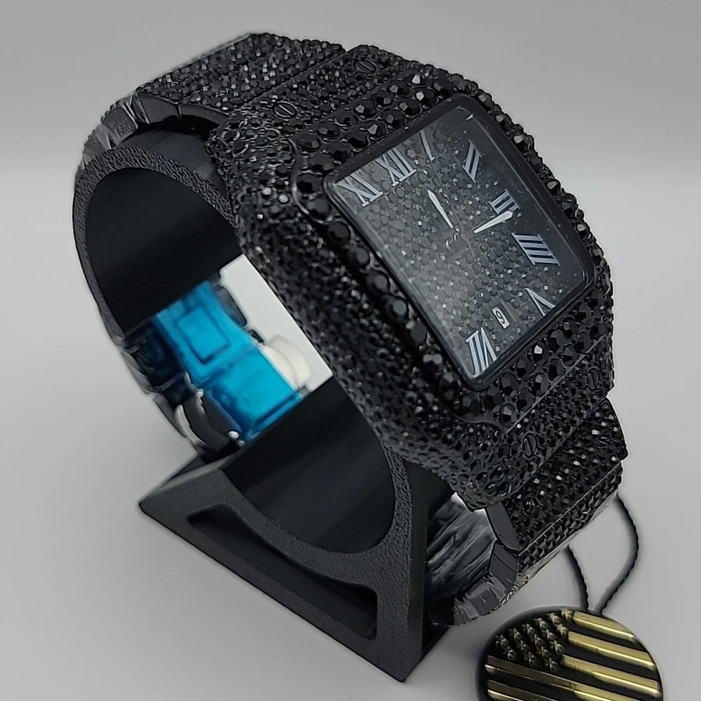 Blacked Out Square Mens Watch Pavé Crystals 41mm Roman Numerals Date Illuminated